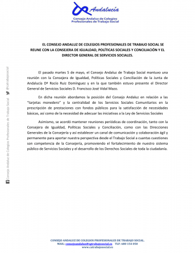 EL CONSEJO ANDALUZ DE COLEGIOS PROFESIONALES DE TRABAJO SOCIAL SE REUNE CON LA CONSEJERA DE IGUALDAD, POLÍTICAS SOCIALES Y CONCILIACIÓN Y EL DIRECTOR GENERAL DE SERVICIOS SOCIALES.